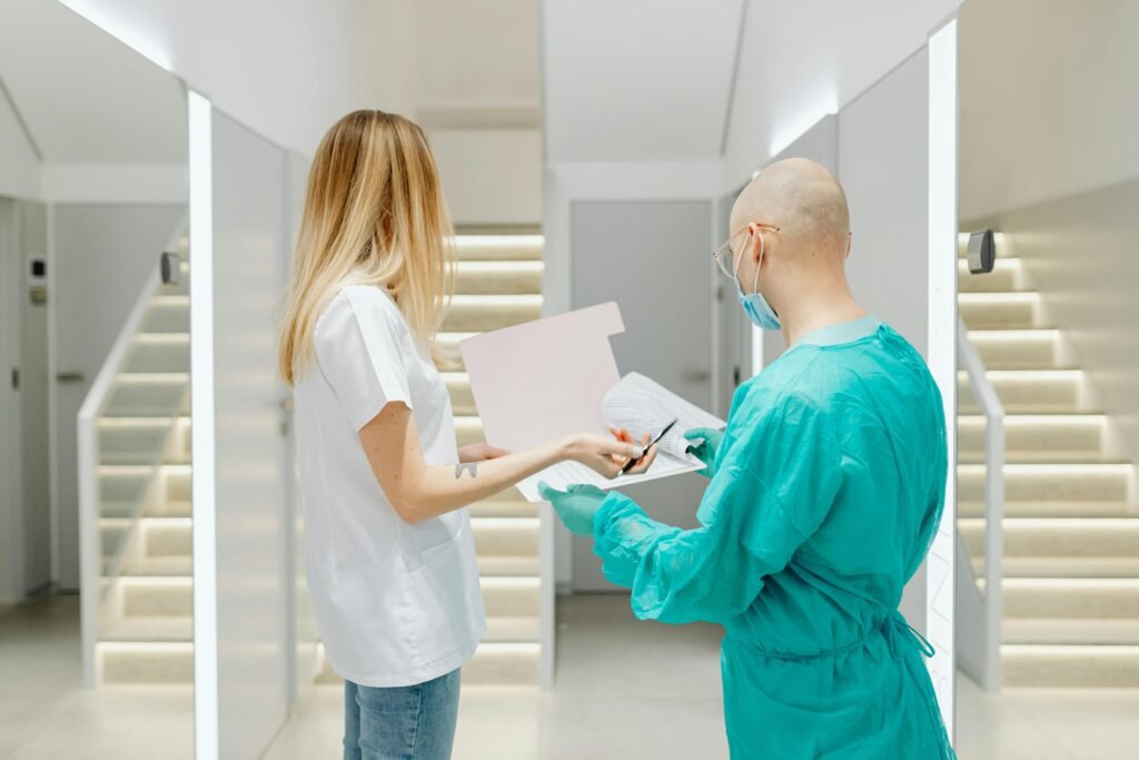 automotive Doctors collaborating in a bright clinic, highlighting teamwork and healthcare.